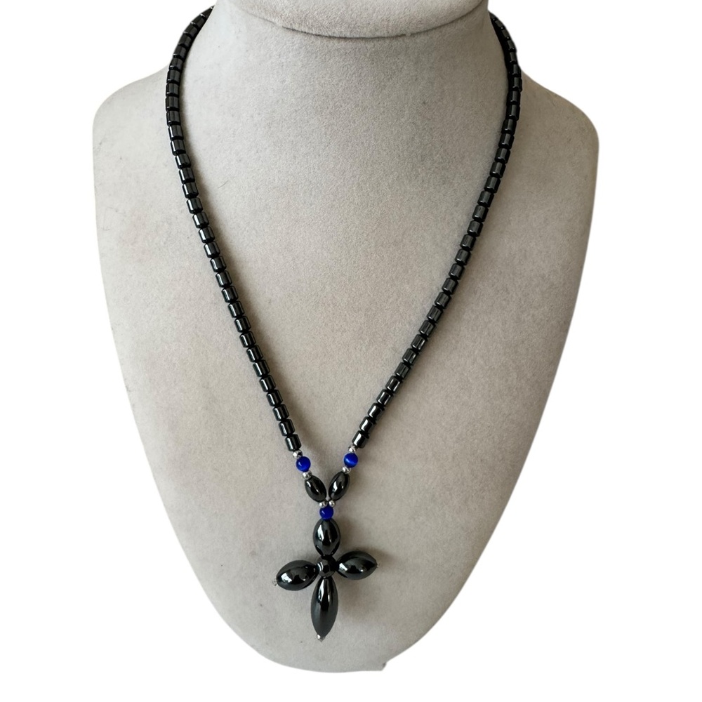 Elegant Black and Blue Hematite Gun Metal Puffy Cross Necklace Modern‎